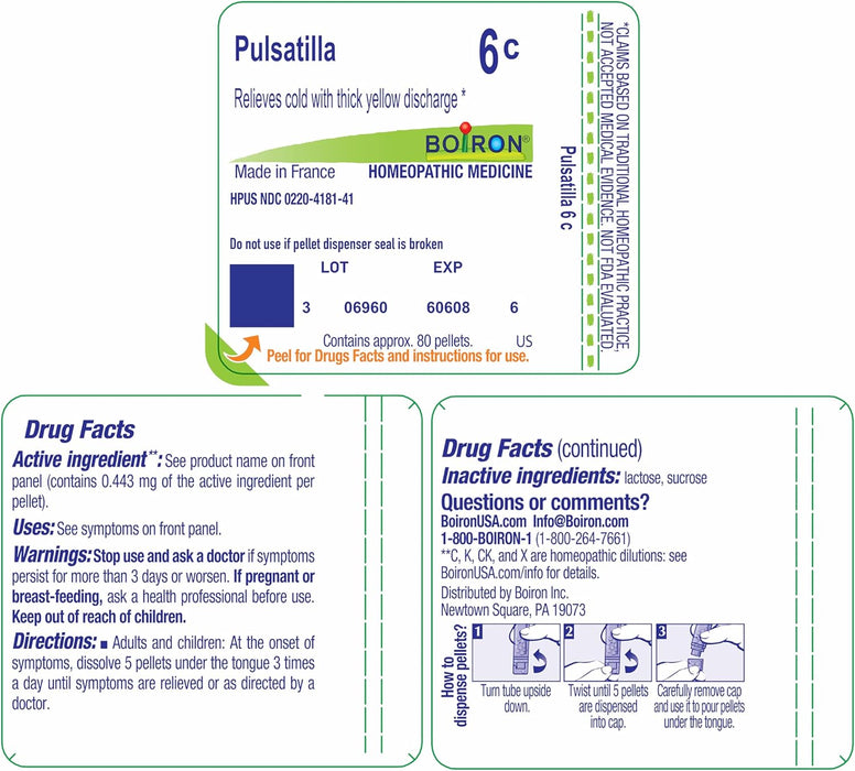 Back label of Boiron Pulsatilla 6C showing active ingredient dilution, directions for use, and warnings