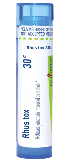 Boiron Rhus Tox 30C homeopathic medicine tube, blue and white label with approx 80 pellets