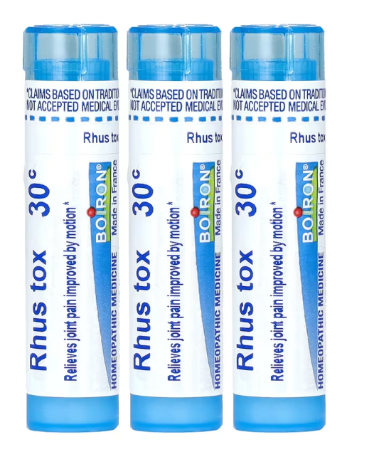 Boiron Rhus Tox 30c 3 homeopathic medicine tube with blue and white packaging, approx 80 pellets