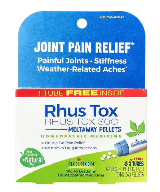 Boiron Rhus Tox 30C 3 pack homeopathic medicine tube with orange and white packaging, approx 80 pellets