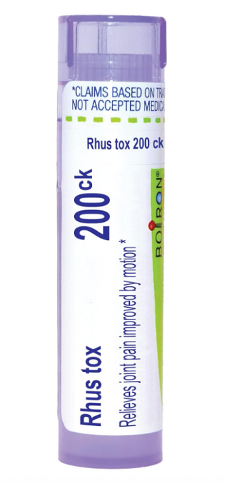 Boiron Rhus Tox 200CK homeopathic medicine tube with purple and white packaging, approx 80 pellets