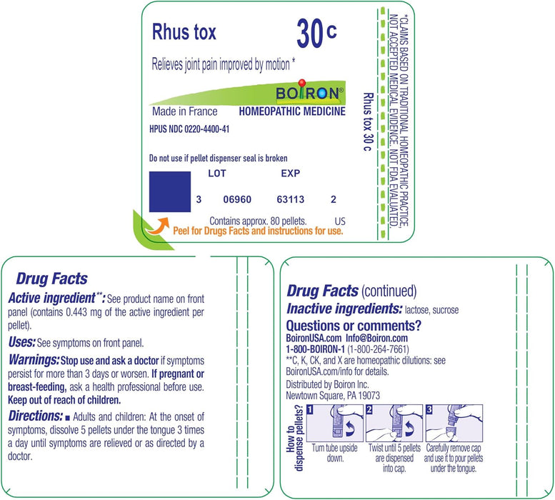 Rear label of Boiron Rhus Tox 30C displaying ingredient dilution, dosage instructions, and safety information