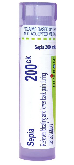 Boiron Sepia 200CK homeopathic medicine tube with purple and white packaging, approx 80 pellets