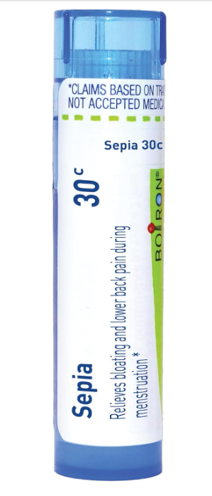 Boiron Sepia 30C homeopathic medicine tube, blue and white label with approx 80 pellets