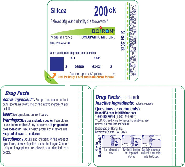 Back of Boiron Silicea 200CK showing ingredient dilution, directions for use, and warnings
