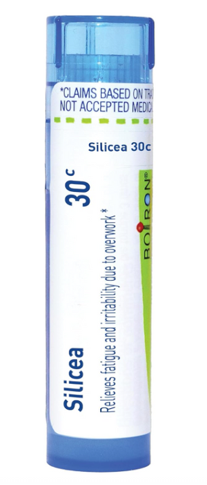 Boiron Silicea 30C homeopathic medicine tube, blue and white label with approx 80 pellets