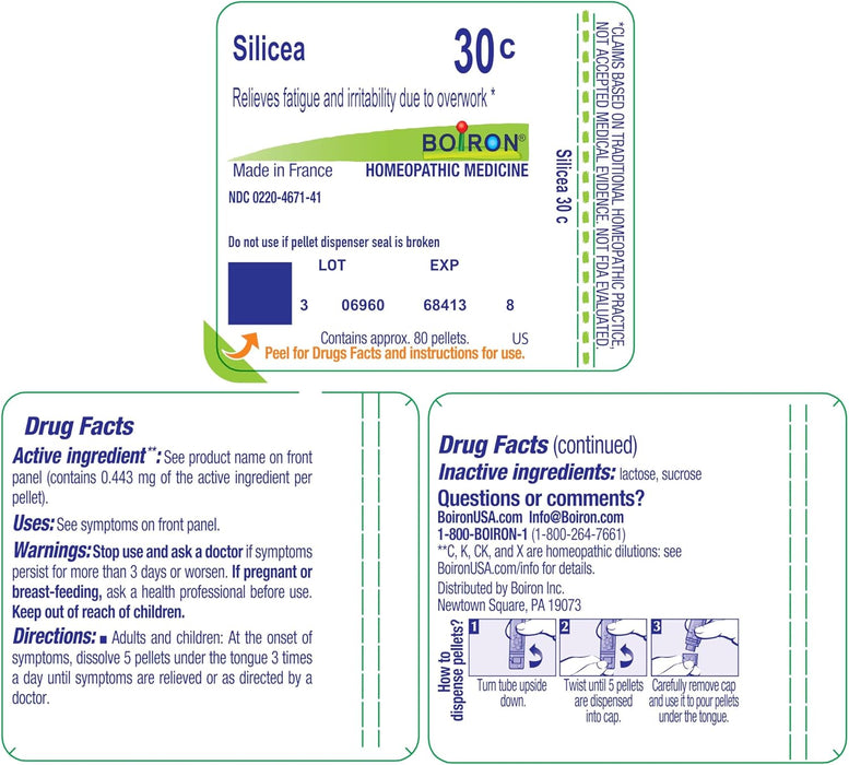 Rear label of Boiron Silicea 30C displaying ingredient dilution, dosage instructions, and safety information