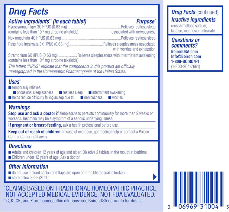 Boiron SleepCalm supplement facts and directions label 
