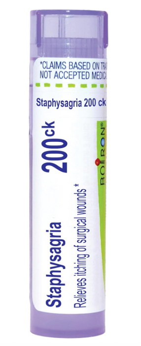 Boiron Staphysagria 200CK homeopathic medicine tube with purple and white packaging, approx 80 pellets