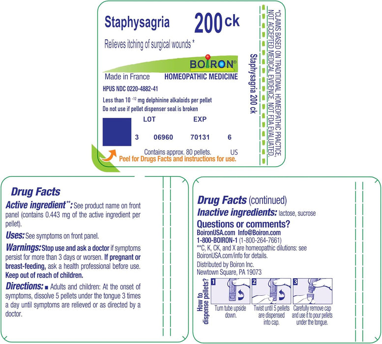 Boiron Staphysagria 200CK homeopathic medicine tube with purple and white packaging, approx 80 pellets