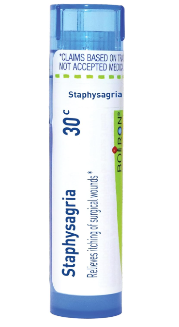 Boiron Staphysagria 30C homeopathic medicine tube, blue and white label with approx 80 pellets