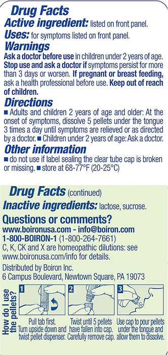 Back label of Boiron Staphysagria 6C showing active ingredient dilution, directions for use, and warnings