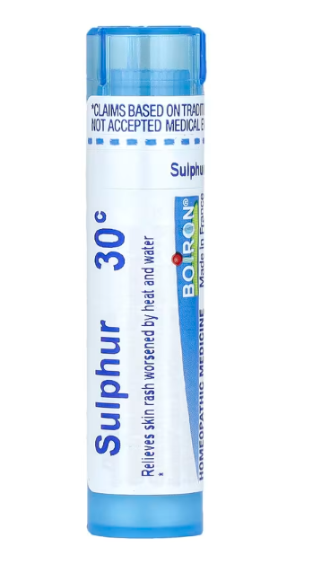 Boiron Sulphur 30C homeopathic medicine tube, blue and white label with approx 80 pellets