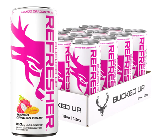 DAS Labs Bucked Up Refresher Energy RTD 12-pack of ready-to-drink Mango Dragon Fruit energy beverages with zero sugar, 100mg caffeine, BCAAs, and L-Theanine.