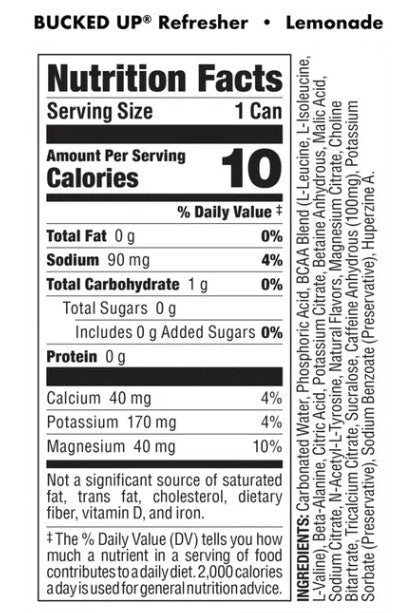 Back label of DAS Labs Bucked Up Refresher Energy RTD Lemonade showing the Supplement Facts panel, ingredients, nutrition information, directions, and manufacturer details.