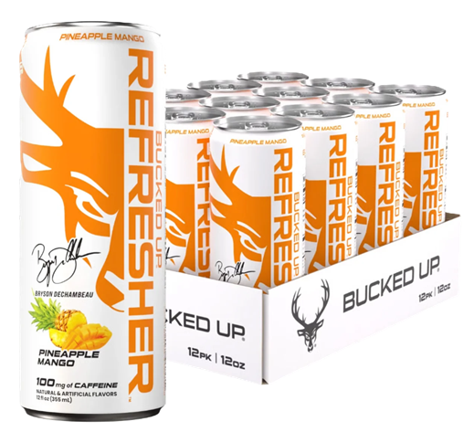 DAS Labs Bucked Up Refresher Energy RTD Pineapple Mango 12-pack of ready-to-drink energy beverages with zero sugar, 100mg caffeine, BCAAs, and L-Theanine.