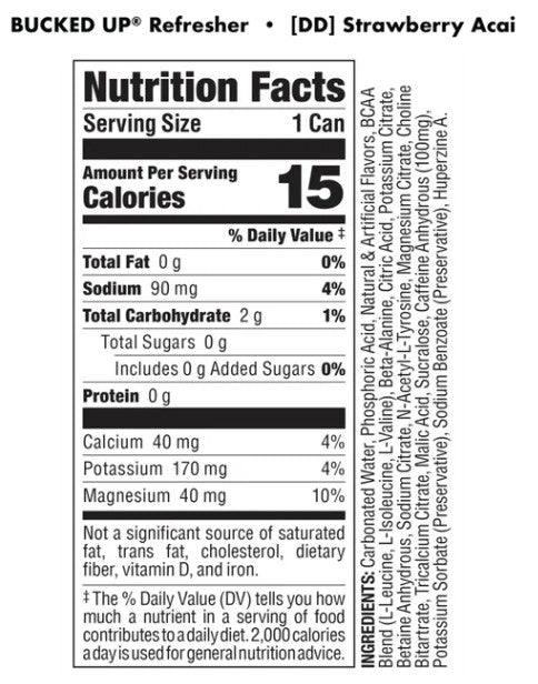 Back label of DAS Labs Bucked Up Refresher Energy RTD Strawberry Acai showing the Supplement Facts panel, ingredients, nutrition information, directions, and manufacturer details.