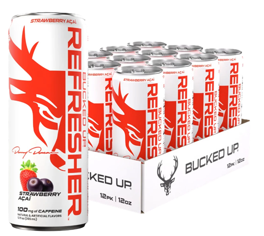 DAS Labs Bucked Up Refresher Energy RTD Strawberry Acai 12-pack of ready-to-drink energy beverages with zero sugar, 100mg caffeine, BCAAs, and L-Theanine.