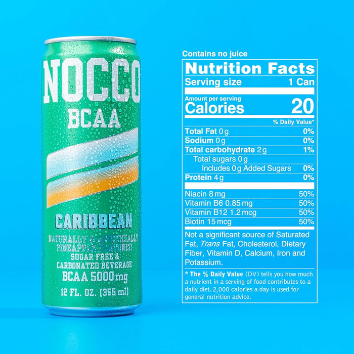 NOCCO BCAA RTD Caribbean Nutrition Facts and Ingredients Label – Caffeine-Free Amino Drink