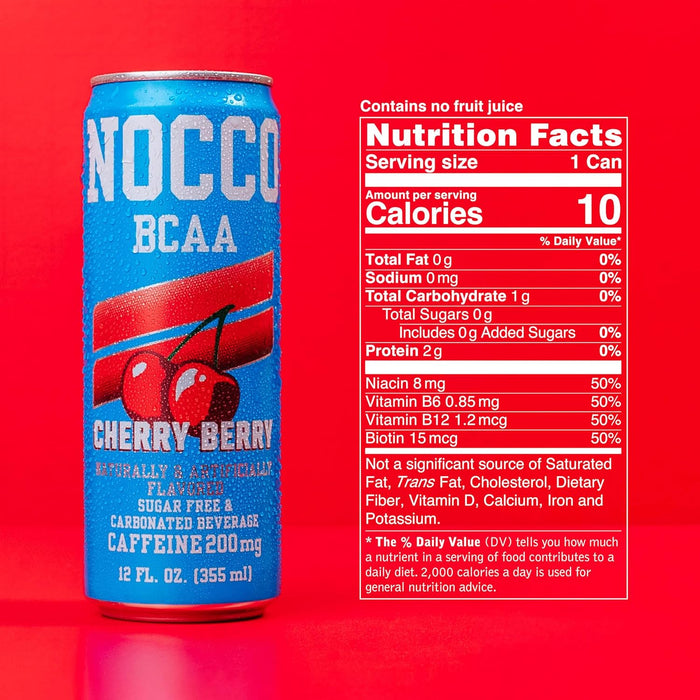 NOCCO BCAA RTD Cherry Berry  Nutrition Facts and Ingredients Label – Caffeine-Free Amino Drink