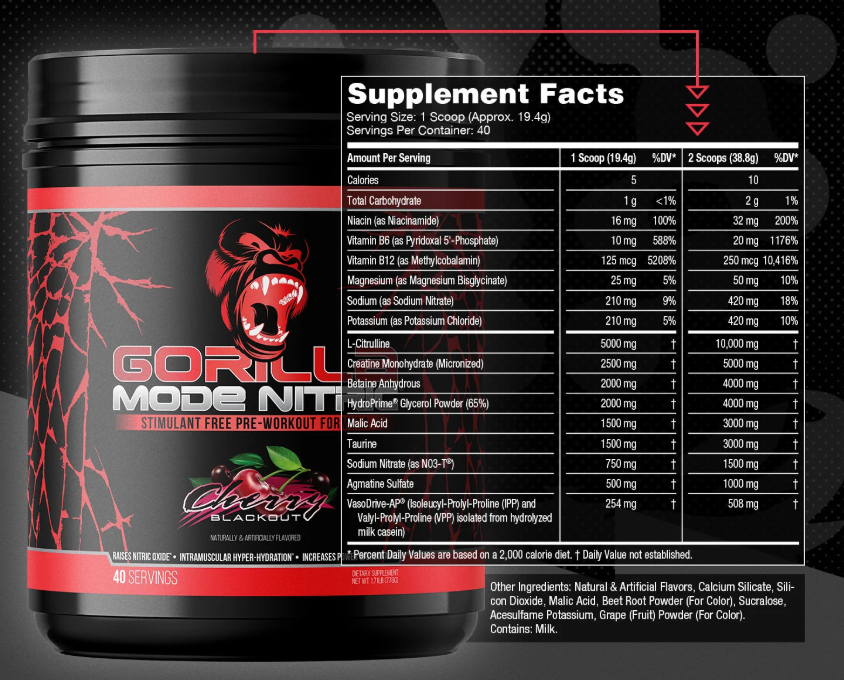 Gorilla Mind Gorilla Mode Nitric Cherry Blackout Supplement Facts and Ingredients Label | TigerFitness