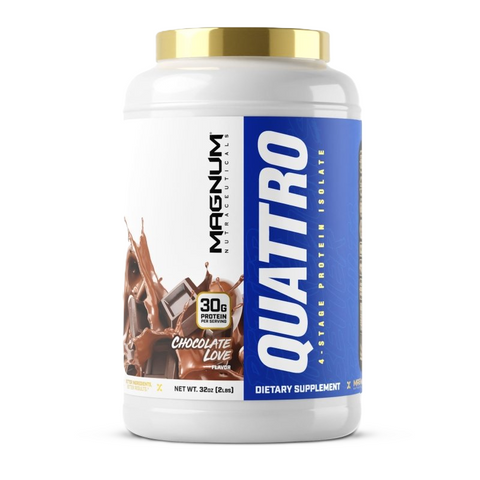 Magnum Quattro 2lb Chocolate Love 4-Stage Protein Isolate Blend Front Label – TigerFitness.com
