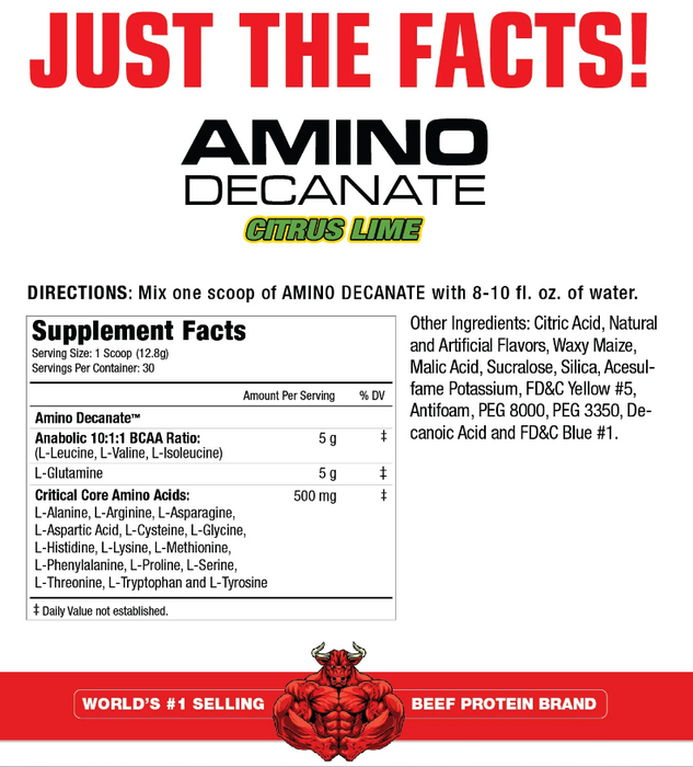 MuscleMeds Amino Decanate Supplement Facts & Ingredients Label 30 Servings Citrus Lime | Tigerfitness.com
