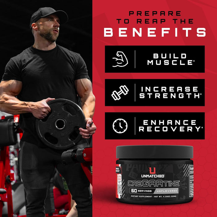 Athlete using Unmatched Nutrition CreGAAtine pre and post workout for performance support 60 Servings