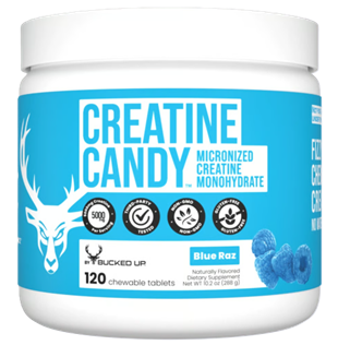 Bucked Up Creatine Candy Blue Razz chewable creatine tablets featuring 5g micronized creatine monohydrate per serving in a convenient candy-inspired formula.
