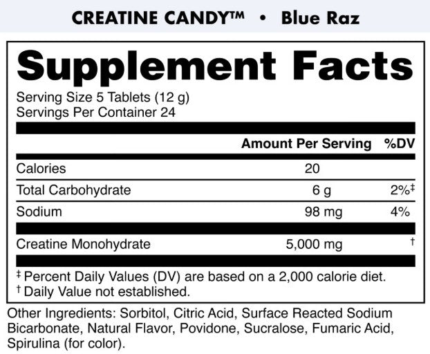 Back label of Bucked Up Creatine Candy Blue Razz showing the Supplement Facts panel, ingredients, directions, warnings, and manufacturer information.