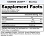 Back label of Bucked Up Creatine Candy Blue Razz showing the Supplement Facts panel, ingredients, directions, warnings, and manufacturer information.