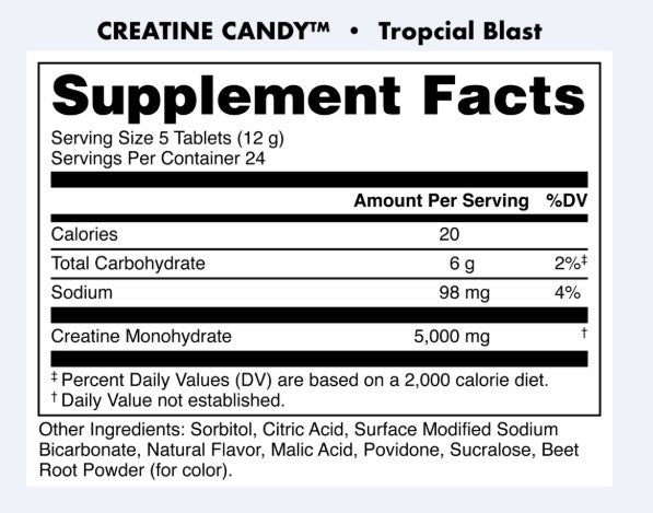 Back label of Bucked Up Creatine Candy Tropical Blast featuring the Supplement Facts panel, ingredient list, directions, warnings, and manufacturer information.