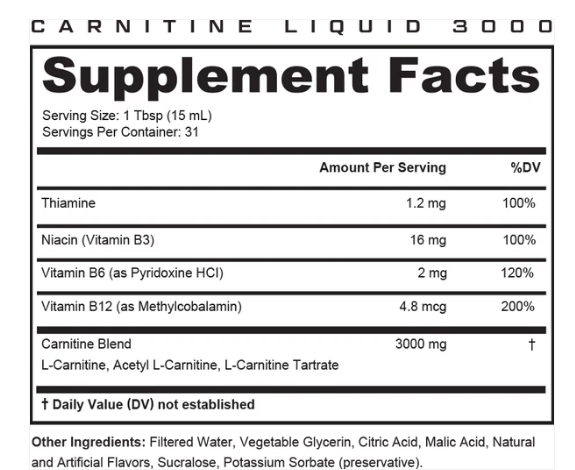 Liquid L-Carnitine 3000 by Cutler Nutrition Blue Sharks flavor fat metabolism supplement