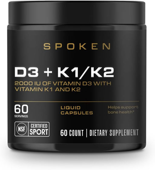Spoken Nutrition D3 + K1/K2 60ct front label – vitamin D3 with K1 and K2 for bone, heart, and immune support.