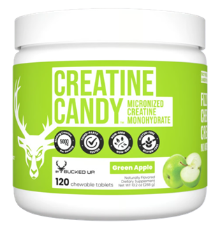 Bucked Up Creatine Candy Green Apple chewable creatine tablets delivering 5g micronized creatine monohydrate per serving in a portable, easy-to-use format.