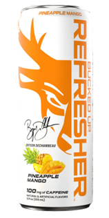 DAS Labs Bucked Up Refresher Energy RTD single 12 oz Pineapple Mango can featuring zero sugar, 100mg caffeine, BCAAs, L-Theanine, and refreshing everyday energy.