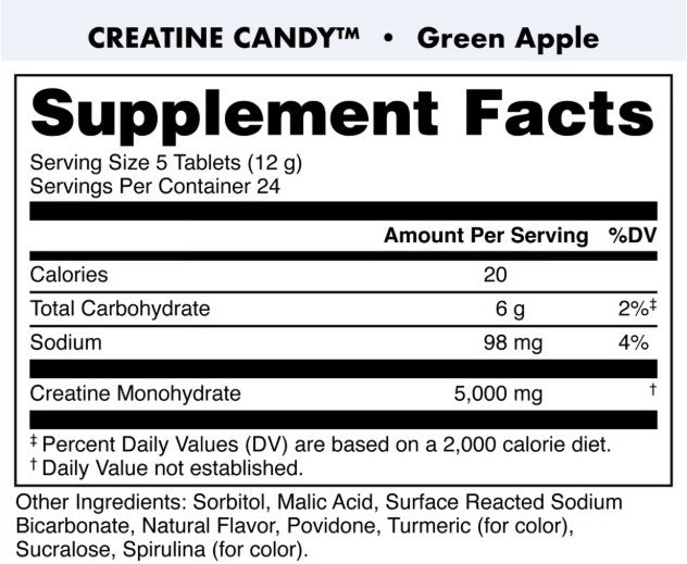 Back label of Bucked Up Creatine Candy Green Apple showing the Supplement Facts panel, ingredients, suggested use, warnings, and manufacturer details.