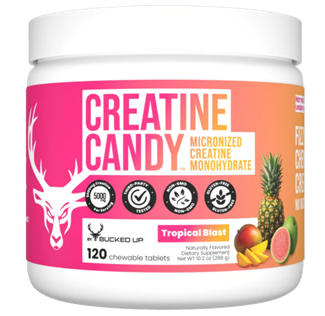 Bucked Up Creatine Candy Tropical Blast chewable creatine tablets with 5g micronized creatine monohydrate per serving in a delicious tropical flavor.