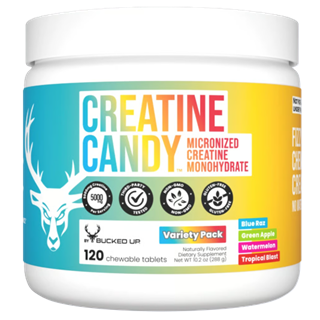 Bucked Up Creatine Candy Variety Pack chewable creatine tablets featuring assorted flavors with 5g micronized creatine monohydrate per serving.