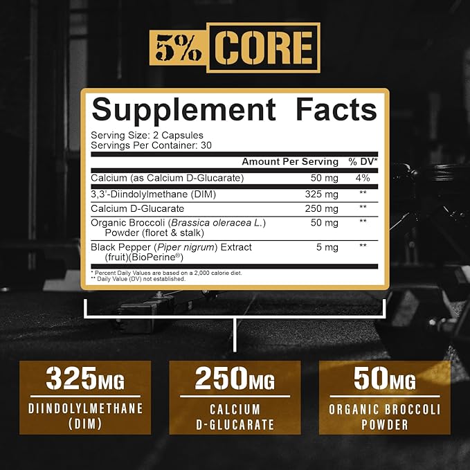 5% Nutrition DIM 60 Capsules Supplement Facts & Ingredients Label for Hormone Balance & Wellness 