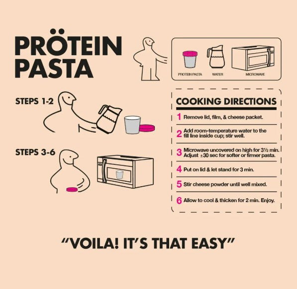 Legendary Foods Protein+ Pasta Mac N Cheese flavor preparation instructions showing how to cook and serve high-protein pasta