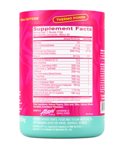 Alani Nu Pre-Workout + Burn Supplement Facts and Ingredients Label | Energy & Fat Loss Support Dragon Fruit Blast 30 Servings  | TigerFitness