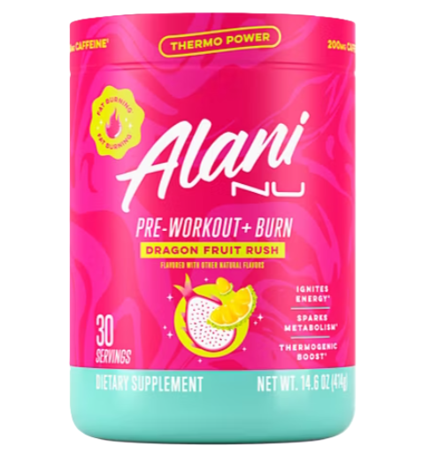 Alani Nu Pre-Workout + Burn Front Bottle | Thermogenic Energy & Fat-Burning Performance Formula Dragon Fruit Rush 30 Servings | TigerFitness