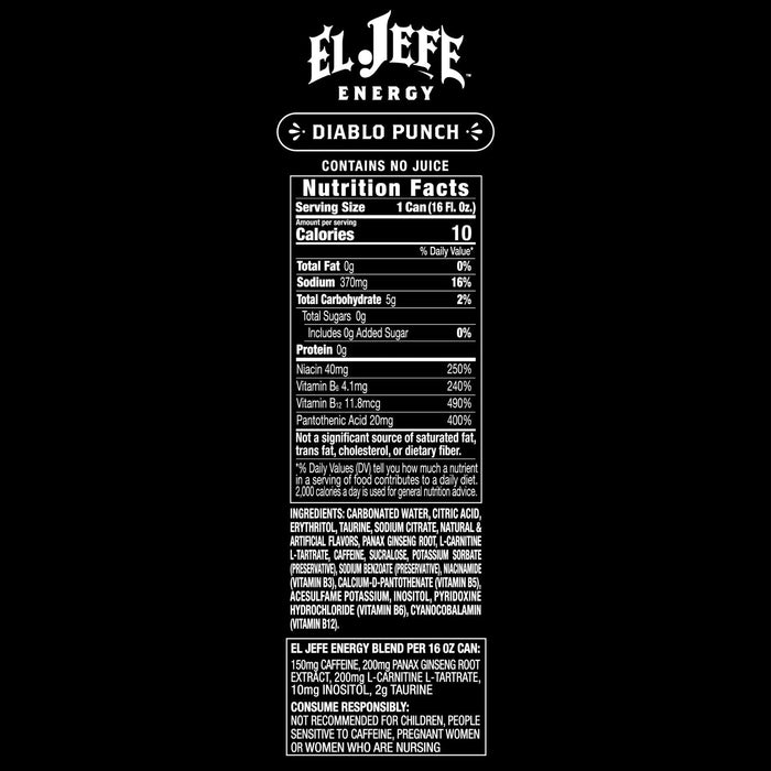 El Jefe Energy Drink Diablo Punch nutrition facts panel