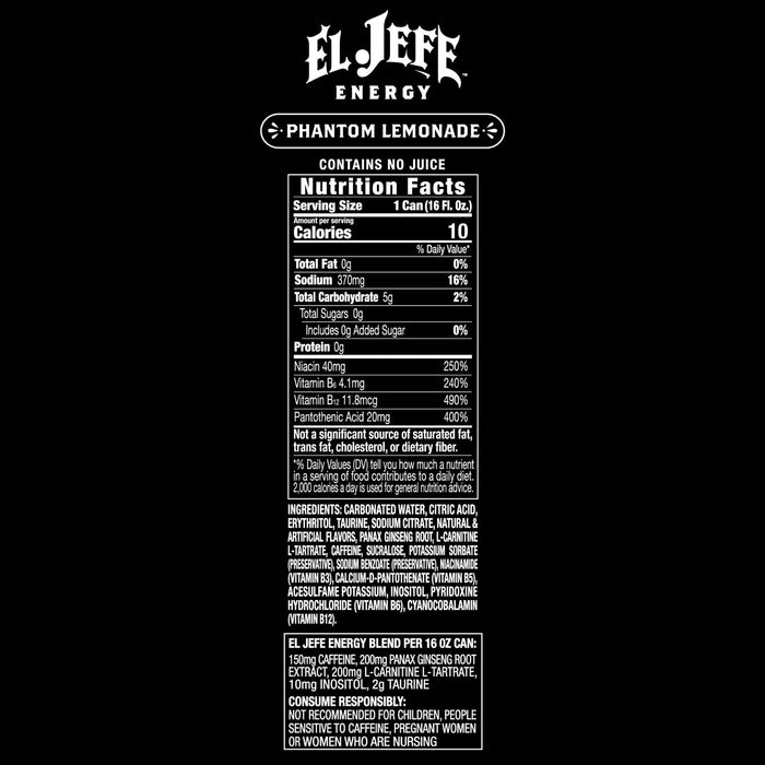 El Jefe Energy Drink Phantom Lemonade nutrition facts panel