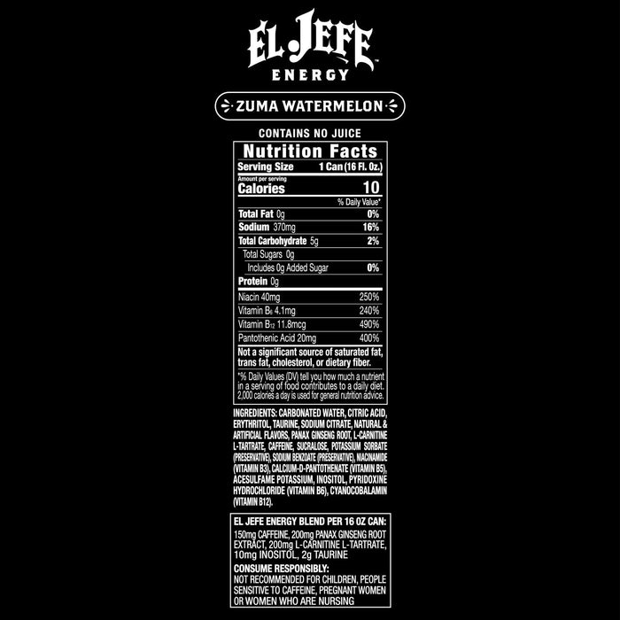 El Jefe Energy Drink Zuma Watermelon nutrition facts panel