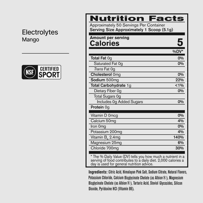 BPN Electrolytes Mango supplement facts panel and ingredients