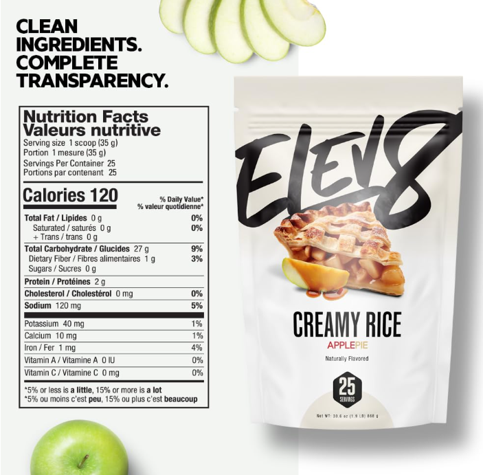 Elev8 Creamy Rice Apple Pie flavored carb powder supplement facts for workout energy and recovery