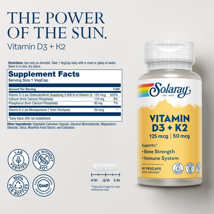 Solaray Vitamin D3 + K2 | Bone, Heart & Immune Support