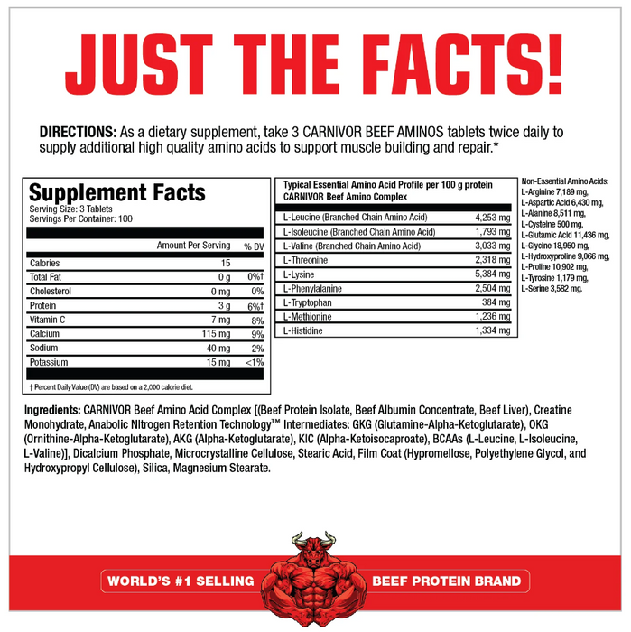 MuscleMeds Carnivor Beef Aminos Supplement Facts & Ingredients Label | 300 Tablets | Tigerfitness.com